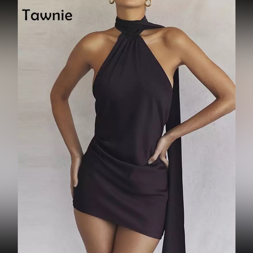 2023 Summer Elegant Satin Backless Mini Dress Women Gown Halter Sleeveless - Picture 4 of 5